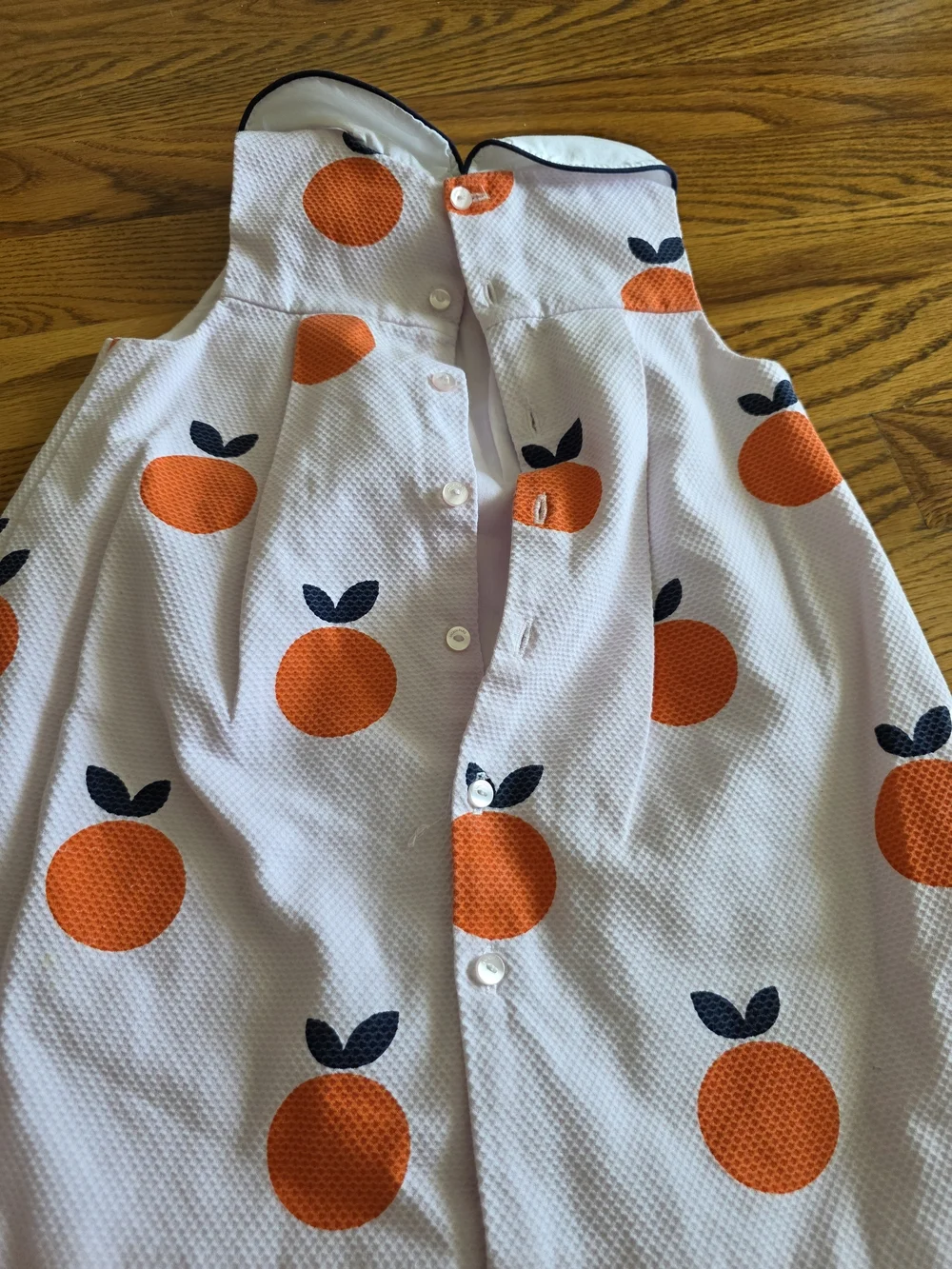 Jacadi Light Pink Dress with Orange Fruit Motif and Navy Trim